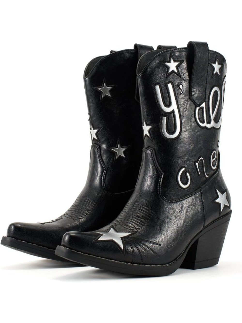 Women's Black Mid-Calf Cowgirl Ankle Boots Snip Toe Low Chunky Heel Classic